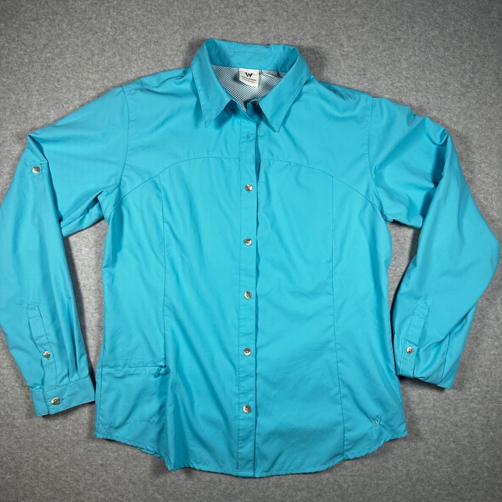 White Sierra Womens Medium Turquoise Ripstop Hiking Trail Shirt Roll Tab Sleeve